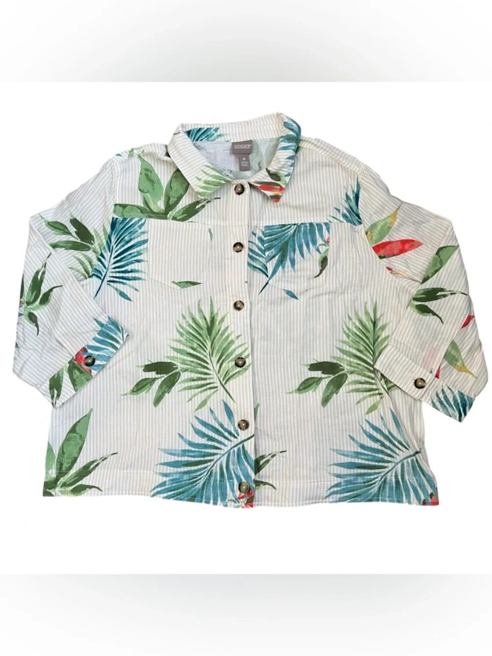 Chicos NWT Tropical Palm Leaf Striped Button Down Top Size 4